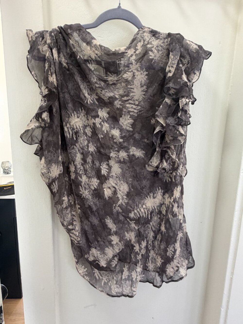 3.1 Phillip Lim 100% Silk Abstract Gray Ruffled Butterfly Asymmetrical Blouse - Picture 4 of 9